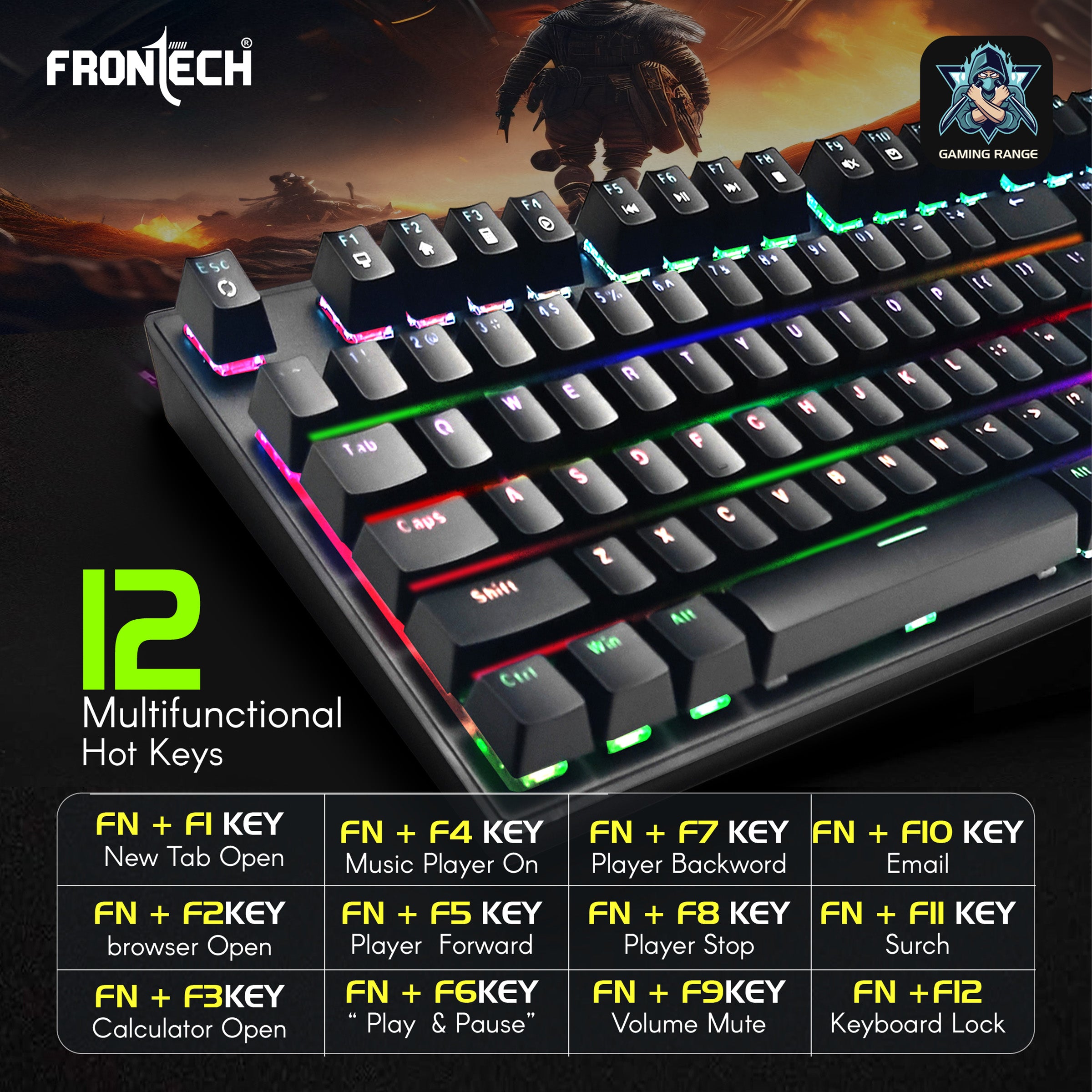 Frontech Wired Mechanical Gaming Keyboard | 104 Keys | Rainbow Backlit | Anti-Ghosting | Ergonomic Design | 12 Multimedia Hotkeys | Height Adjustable | 1-Year Warranty (KB-0014P) Frontech Wired Mechanical Gaming Keyboard | 104 Keys | Rainbow Backlit | Anti-Ghosting | Ergonomic Design | 12 Multimedia Hotkeys | Height Adjustable | 1-Year Warranty (KB-0014P)
